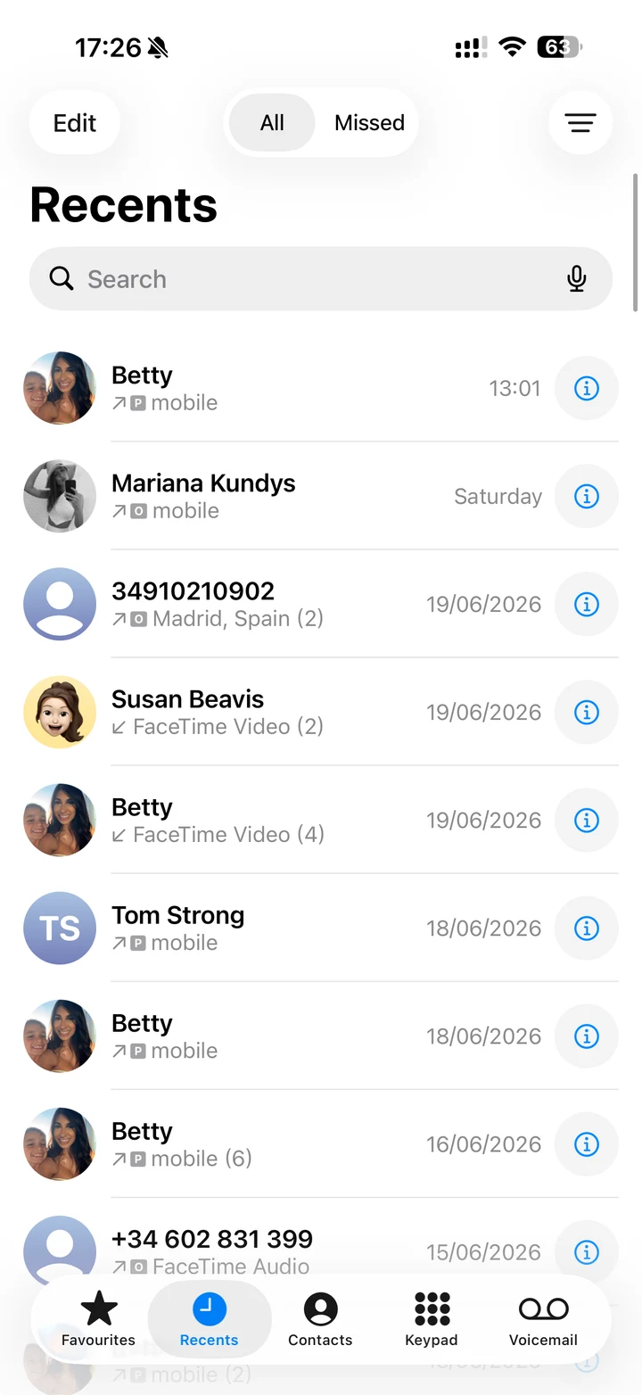 iPhone recent calls, with work-line calls marked 'O' alongside personal calls