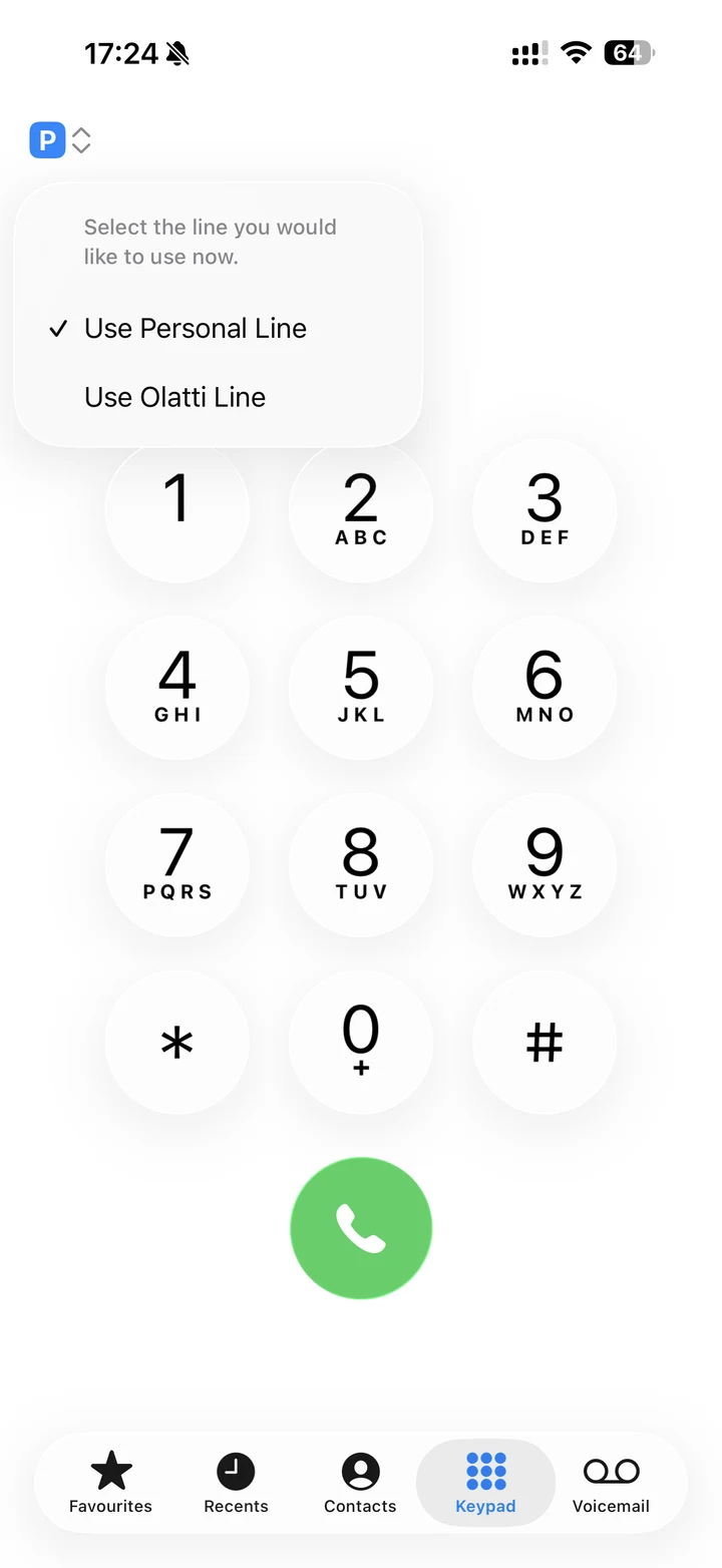 iPhone dialler showing the line selector - choose work or personal before you call