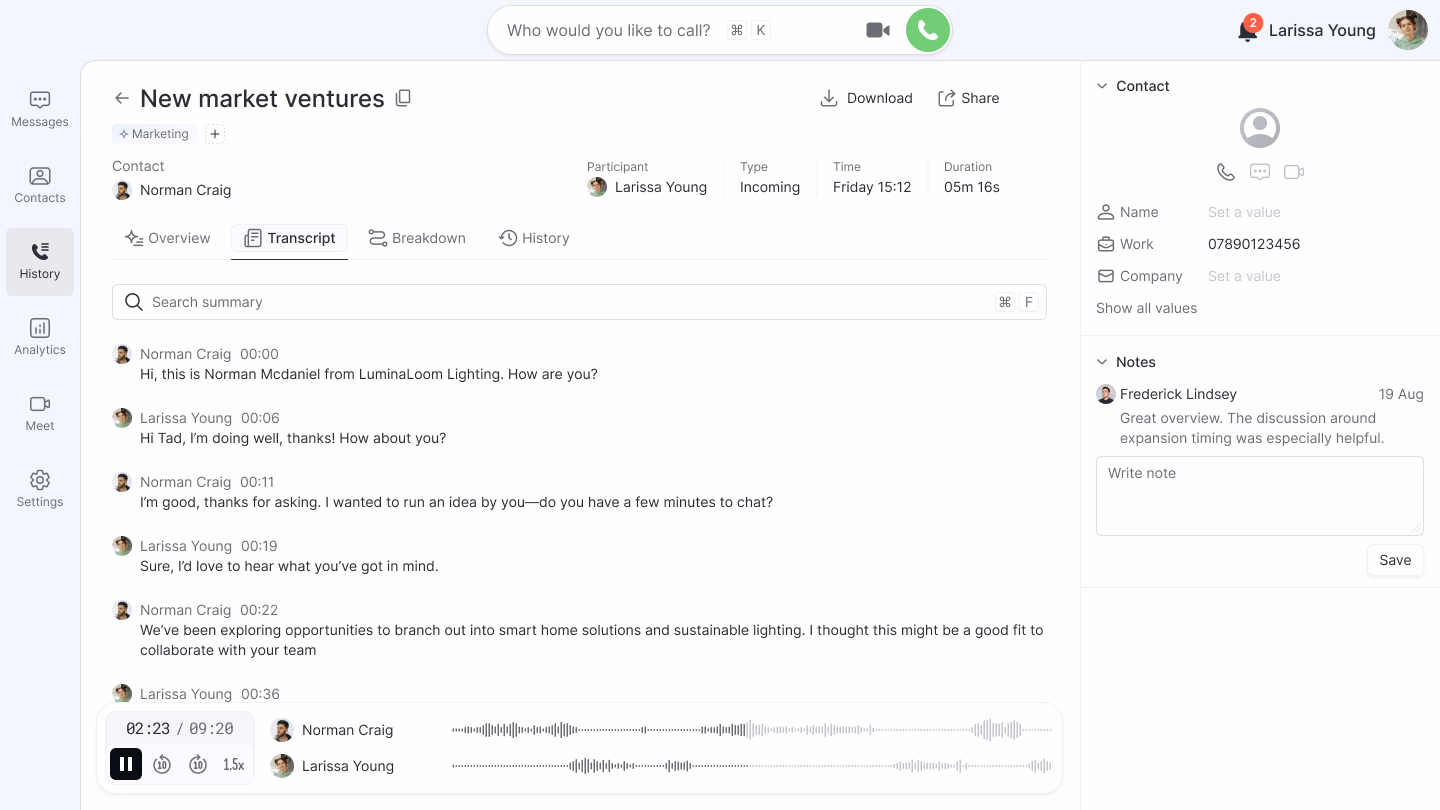 Olatti desktop, a call's full detail - recording, transcript and summary