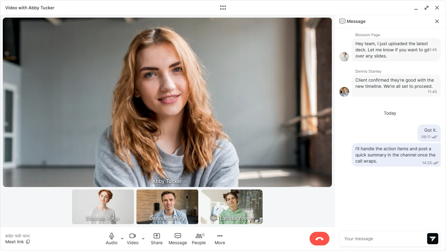 An Olatti video meeting, with participants, an in-meeting chat panel and the call controls