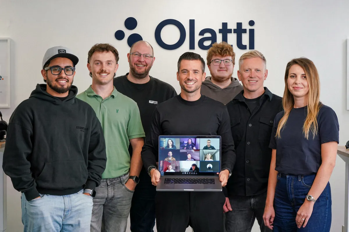 The Olatti team in the Southampton office at launch, with remote colleagues joining on a laptop.
